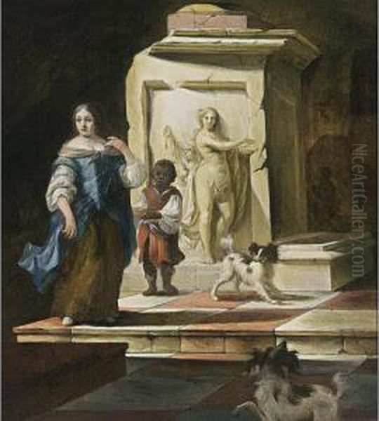 A Lady With A Negro Servant And Two Dogs Near A Classical Fountain - view 1