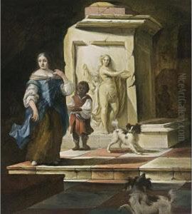 A Lady With A Negro Servant And Two Dogs Near A Classical Fountain by Thomas van der Wilt