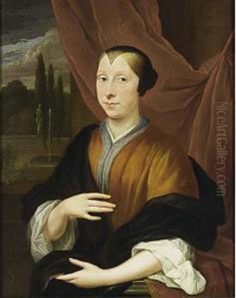 A Portrait Of A Lady, Standing
Half Length, Wearing A Orange Dress With A White Blouse, A Black Shawl
And Headdress, A Park Landscape With A Fountain Beyond - view 1