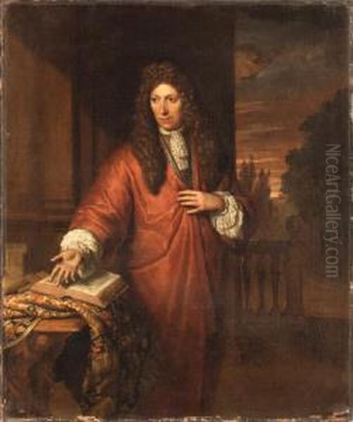 Portrait Of A Gentleman, Small 
Three-quarter Length, In A Red Robe,beside A Draped Table With A Book, A
 Landscape Beyond - view 1