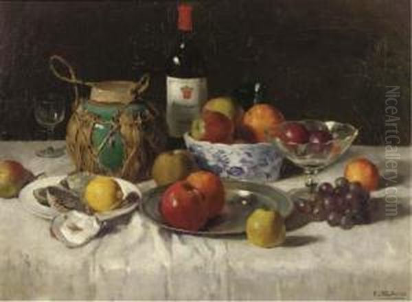 A Wine Bottle, Oysters And Fruit On A Draped Table - view 1