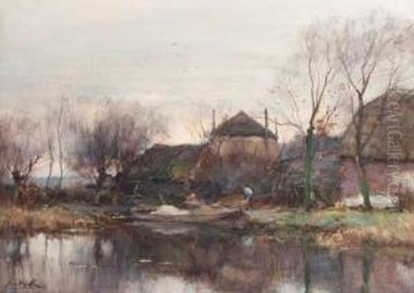 A Farmyard In Autumn With A Peasant At Work By A Pond - view 1