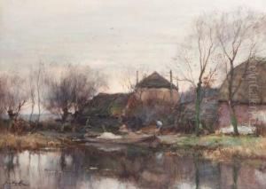 A Farmyard In Autumn With A Peasant At Work By A Pond