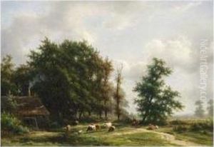 Cows Near A Windmill In A Wooded Landscape by Jan Frederik Van Deventer