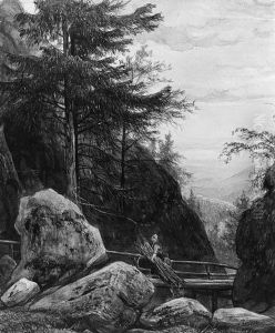 A Rocky Wooded Slope With A Woman And Child Crossing A Bridge by Jan Frederik Van Deventer