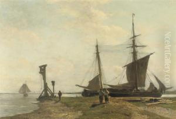 A Moored Two-master On The River-shore - view 1
