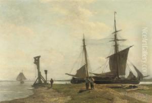 A Moored Two-master On The River-shore by W.A. van Deventer