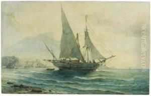 A Sailing Ship At Anchor By A Beach Near Gibraltar