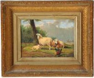 Three Sheep And Chickens Near A Coast Line by Joseph Van Dieghem