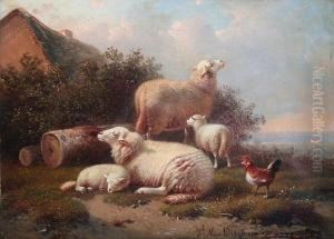 Sheep, Lambs And Poultry On A Grassybank