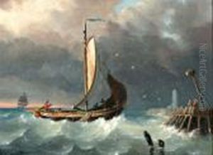Vissersboot Op Woelige Zee Voor De Kust by Joseph Van Dieghem
