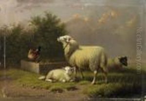 Sheep By The Feeding Trough. Signed And Dated Lower Left: Jh. Van Dieghem 1884