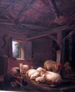 Stallszene Mit Schafen, Kaninchen Und Huhnern by Joseph Van Dieghem