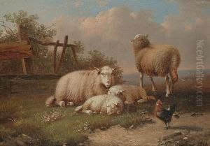 Sheep And Chickens In A Landscape; Sheep And Chickens By A Stile by Joseph Van Dieghem