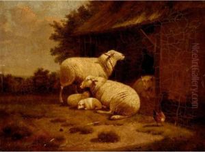 Sheep And Lambs Outside A Barn by Joseph Van Dieghem