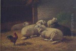 Sheep And Cockerel In A Stable by Joseph Van Dieghem