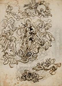 Vierge I L'enfant Foulant Un Dragon, Dans Les Nuees Et Entouree D'anges by Abraham Jansz. van Diepenbeeck