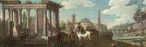 A River Landscape With Roman
Ruins And Travellers Resting Their Horses, A Washerwoman Beyond: An
Overdoor - view 1