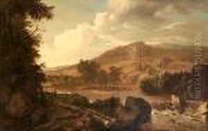 An Extensive River Landscape With Figures On The Banks Beside A Waterfall by Adriaen Van Diest