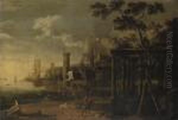 A Capriccio Of A Harbour With Men-'o-war Flying The Colours Ofrotterdam And Ostend - view 1