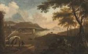 A Coastal Landscape With Two Men At A Landing Stage, A Town And Mountains Beyond by Adriaen Van Diest
