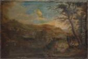 An Extensive Wooded River Landscape With An Amorous Couple On The Bank, A Town Beyond An Extensive Wooded River Landscape With An Amorous Couple On The Bank, A Town Beyond