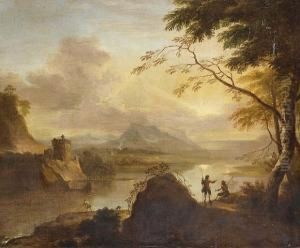An Extensive River Landscape At Dawn With Fishermen Casting Their Nets In The Foreground