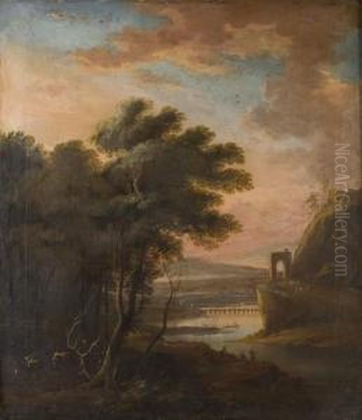 Paesaggio Fluviale Al Tramonto Con Viandante E Pescatori - view 1