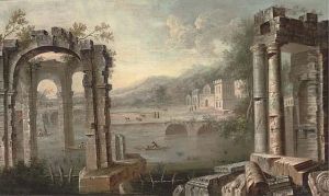 A Capriccio Of Classical Ruins By A River by Adriaen Van Diest