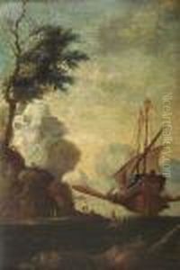 On The Italian Coast With Ship And Figures by Adriaen Van Diest
