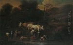 A Milkmaid With Cattle And Goats In A Landscape