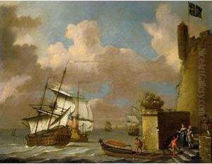 Seascape With Elegant Figures Approaching A Barge, With British Men Of War Beyond Seascape With Elegant Figures Approaching A Barge, With British Men Of War Beyond