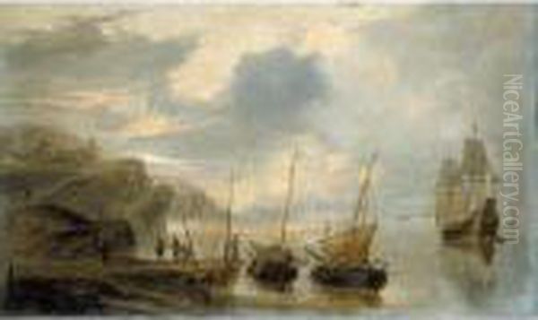 A Coastal Scene With Fishing Vessels And An English Man Of War With Figures On The Shore - view 1