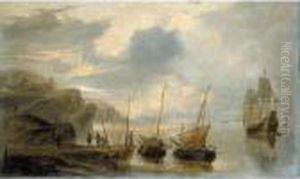 A Coastal Scene With Fishing Vessels And An English Man Of War With Figures On The Shore thumbnail