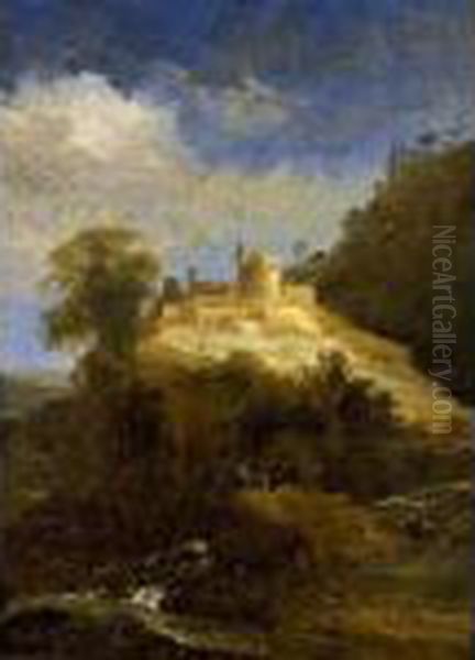 A Mountainous Landscape With A
Goat Near A Stream And Travellers On A Path Towards A Castle - view 1