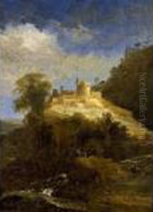 A Mountainous Landscape With A
Goat Near A Stream And Travellers On A Path Towards A Castle by Adriaen Van Diest