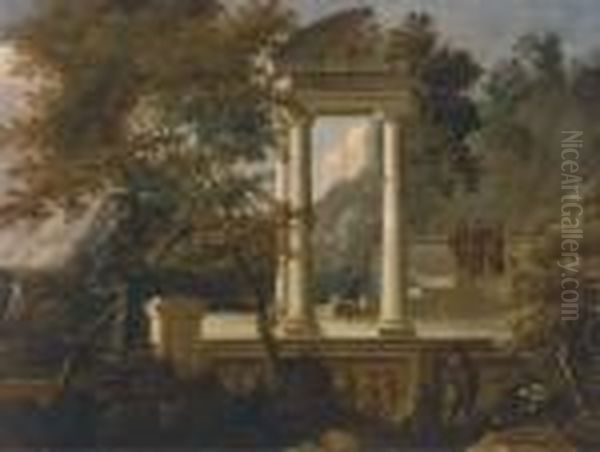 An Extensive Mountainous Wooded Landscape With Figures Conversingamongst Classical Ruins - view 1