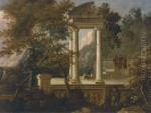 An Extensive Mountainous Wooded Landscape With Figures Conversingamongst Classical Ruins by Adriaen Van Diest