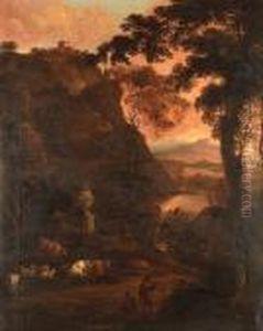 An Italianate Landscape With Drovers And Cattle Beside A Waterfall