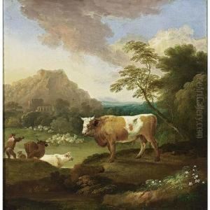 An Italianate Landscape With A
Bull In The Foreground And A Shepherd With His Herd Nearby by Adriaen Van Diest