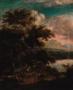 A Wooded River Landscape With
Drovers On A Track With Sheep Andfishermen Sitting On A Bank, A
Mountainous Landscape Beyond by Adriaen Van Diest