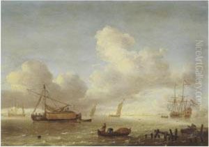 Ships In An Estuary With Fishermen And A Jetty In The Foreground by Hieronymous Van Diest