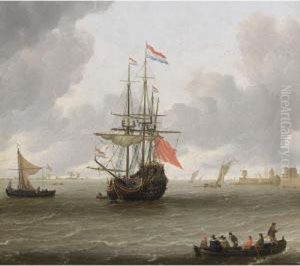 A Man-of-war In A Stiff Breeze
With A Kaag And A Rowing Boat With Figures In The Lower Foreground, A
View Of A Quay With A Watermill And A Warehouse In The Distance by Hieronymous Van Diest