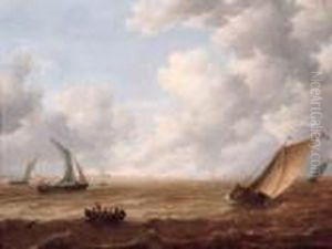 A Wijdschip Tacking Offshore In A
 Stiff Breeze With A Smalschip Andsailors In A Rowing Boat Nearby, On A 
Cloudy Day