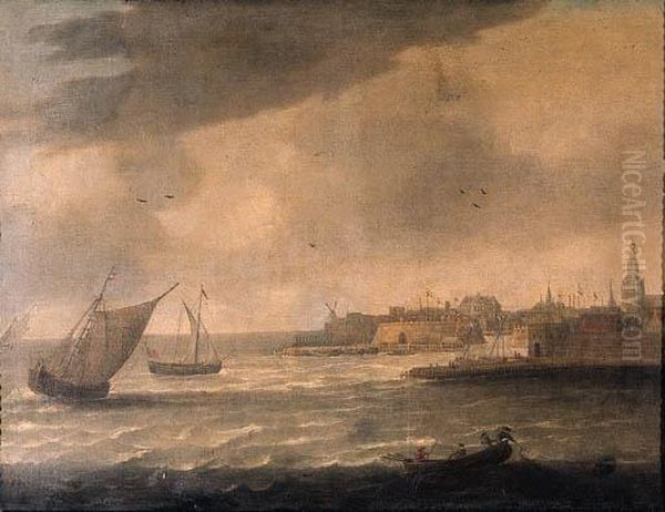 A View Of Flushing From The 
Schelde With The Windmill De Leugenaeron The Left, The Townhall And The 
Grote Kerk On The Right, Withshipping On The River Nearby, The Oude 
Waterpoort At The Entry Ofthe Harbour Beyond - view 1
