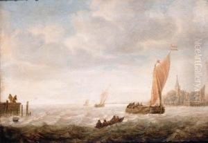 A Wijdschip Before The Wind 
Approaching A Harbour, With A Pink Andother Shipping Beyond, Anglers On A
 Jetty Nearby by Hieronymous Van Diest