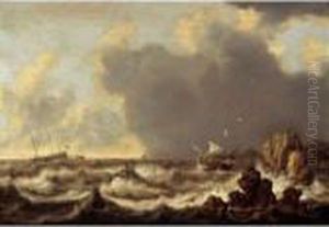 Ships At Anchor, A Sailing Boat And A Rowing Boat In Stormy Waters by Willem van Diest