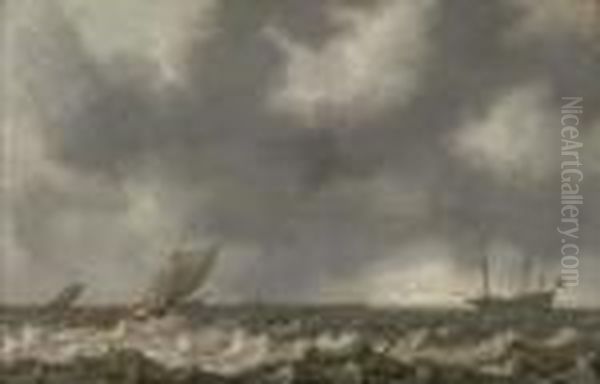 Dutch Men-o'-war And Other Shipping In Choppy Seas, With A View Ofthe Coast Beyond - view 1