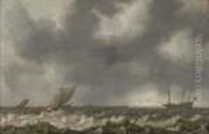 Dutch Men-o'-war And Other Shipping In Choppy Seas, With A View Ofthe Coast Beyond by Willem van Diest