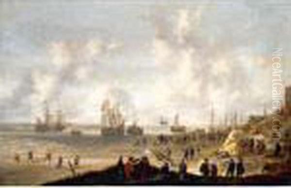 Dutch Soldiers On The Beach At Scheveningen Firing At Spanish Ships - view 1